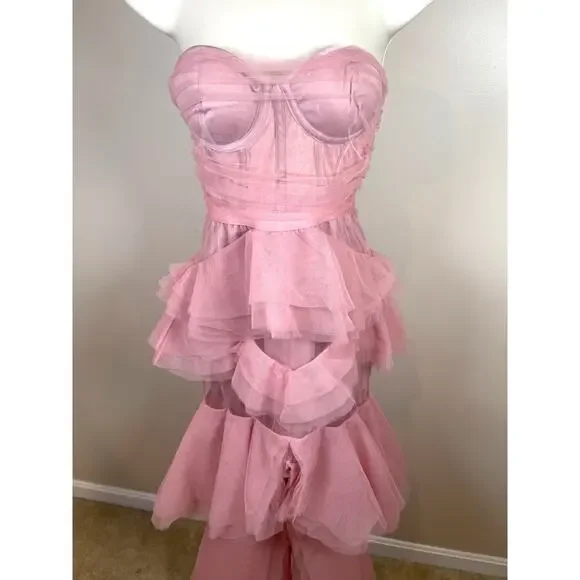 MICHAEL COSTELLO Alai Strapless Tiered Tulle Maxi Gown in Mauve Pink Size XS - Picture 4 of 11